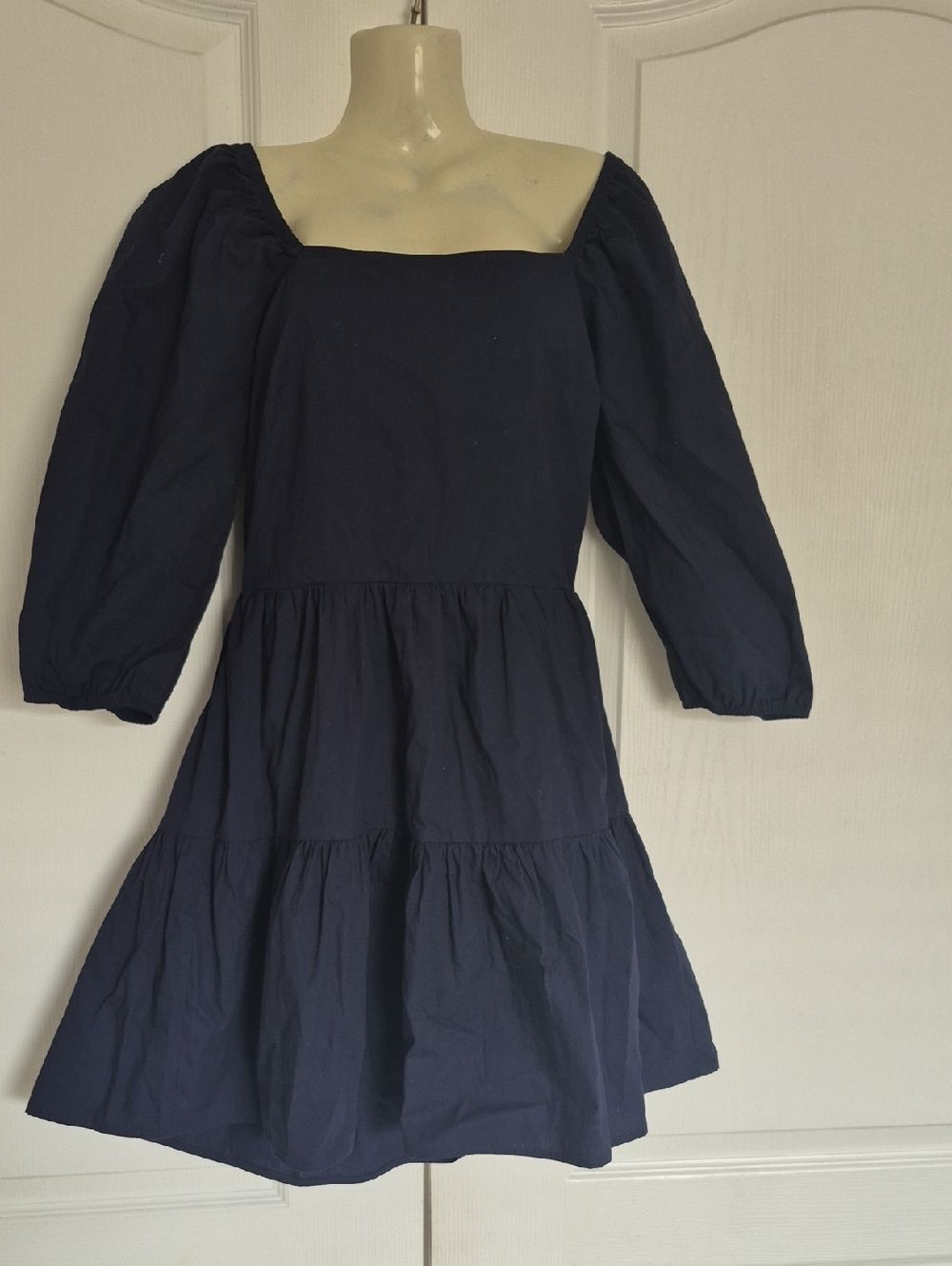 Adelyn Rae Cut Out Back Square Neck Puff Sleeve Navy Blue Cotton Dress